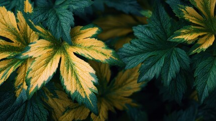 Macro view of textured green and yellow leaves ideal for nature themed design and wallpaper
