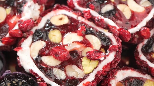 closeup of turkish delight ade from nuts and dried fruits