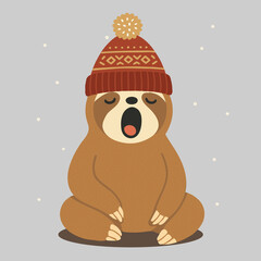 Naklejka premium Niedliche Vektorillustration eines gähnenden Faultiers mit Wintermütze. Lustiges, warmes Motiv mit winterlicher Stimmung und sanften Farben – ideal für Themen wie Gemütlichkeit, Winter und Ruhe.