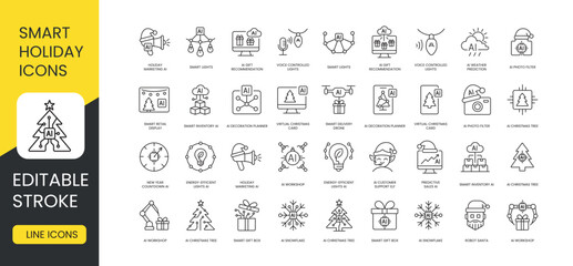A set of vector icons representing AI-powered holiday technologies and smart seasonal solutions, created in line style with editable stroke