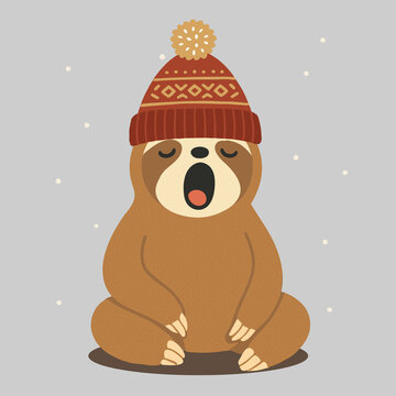 Niedliche Vektorillustration eines g&auml;hnenden Faultiers mit Winterm&uuml;tze. Lustiges, warmes Motiv mit winterlicher Stimmung und sanften Farben &ndash; ideal f&uuml;r Themen wie Gem&uuml;tlichkeit, Winter und Ruhe.