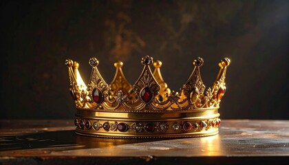 Ornate golden crown with red gemstones on dark surface against black background, symbolizing royalty