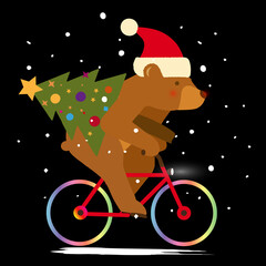 Weihnachtliche Vektorillustration eines B&auml;ren mit Weihnachtsm&uuml;tze auf einem Fahrrad, der einen geschm&uuml;ckten Tannenbaum transportiert. Fr&ouml;hliches, farbenfrohes Motiv mit Schnee und festlicher Stimmung.