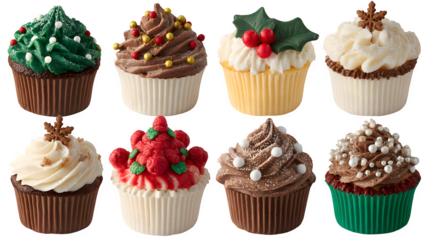 Assorted cupcakes decorated with holiday themes isolated on white background