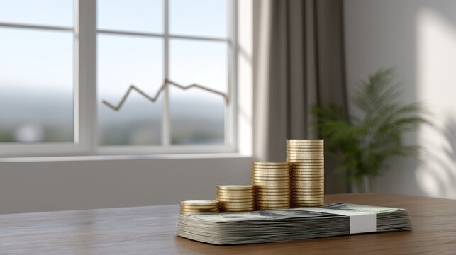 Abstract Background of Financial Graphs with Stacked Coins and Cash on Modern Desk Setting