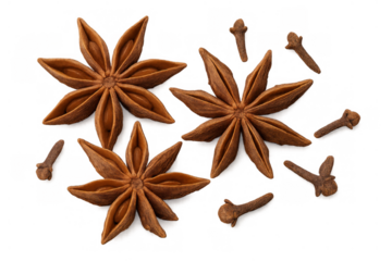 Star anises and cloves composing on a transparent background, offering spicy flavor and aromatic qualities for culinary uses