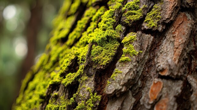 Detailed view of rough tree bark adorned with bright green moss highlighting the forest s beauty