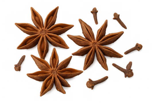 Star anises and cloves composing on a transparent background, offering spicy flavor and aromatic qualities for culinary uses