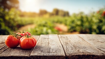 Fresh red tomatoes on a weathered wooden table with space for product display framed by a blurred sunny rural farm background embodying countryside freshness and organic living