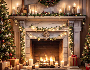 a room with a fireplace in which a fire is burning, the room is decorated with Christmas decor