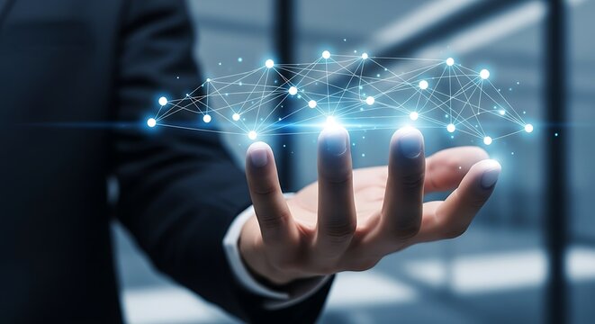 Man in suit holding a glowing network of interconnected dots in his hand with a blurred background - Powered by Adobe