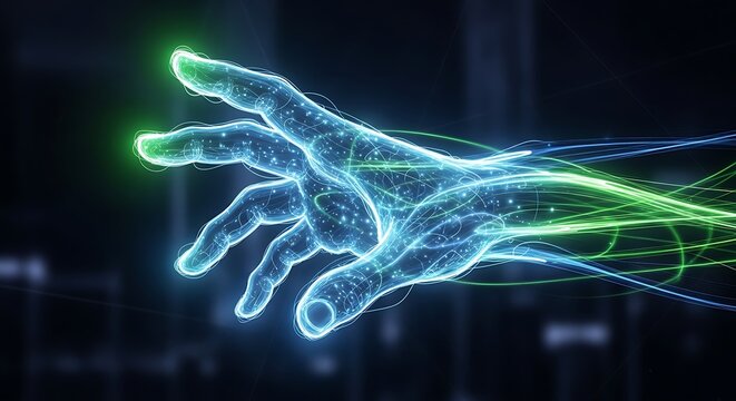 Glowing hand with green and blue light trails reaching out in a dark digital environment scene shown