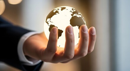 A person in a suit holding a glowing globe in their hand with a soft blurred background behind them