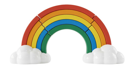 Isolated rainbow toy with clouds at its ends, constructed of wooden blocks for kids