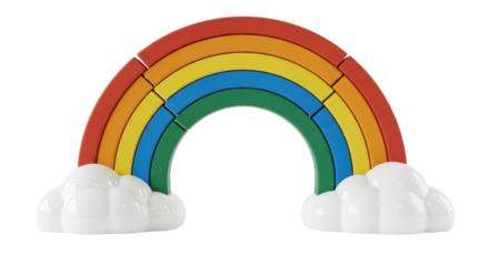 Isolated rainbow toy with clouds at its ends, constructed of wooden blocks for kids