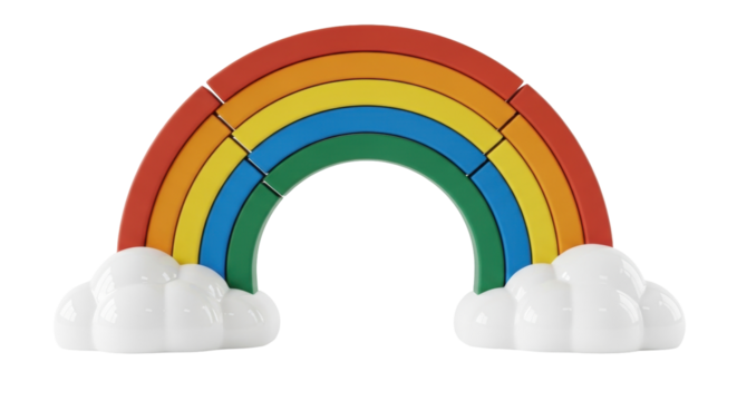 Isolated rainbow toy with clouds at its ends, constructed of wooden blocks for kids
