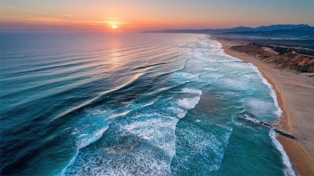Overhead view of a peaceful sunset above the Atlantic featuring a lovely beach and gentle waves Barbate Cadiz Spain