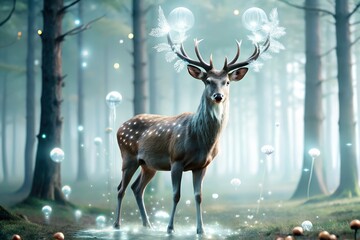A magical forest where the trees have crystal leaves and glowing roots in the center a majestic crystal deer with softly glowing antlers stands gracefully