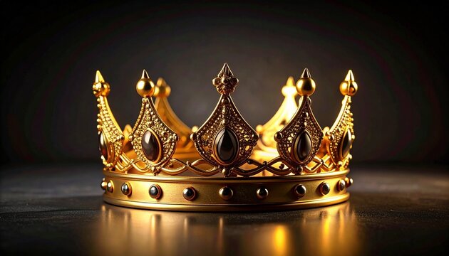 Ornate golden crown with red gemstones on dark surface against black background, symbolizing royalty