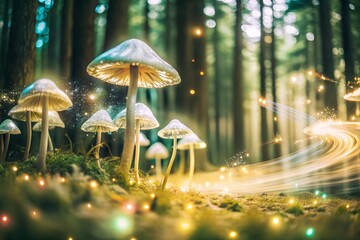 A magical forest where the trees have crystal leaves and glowing roots mist swirls around giant mushrooms