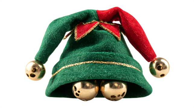 Christmas elf hat with jingle bells isolated on white background
