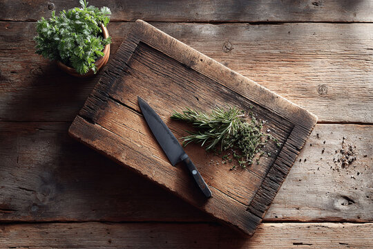 Rustic food prep scene with fresh herbs and knife on a weathered wooden board. Ideal for culinary themes, cooking blogs, or healthy eating promotions. - Powered by Adobe