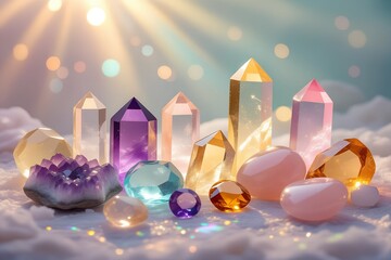 A dreamy ethereal arrangement of various crystal types amethyst quartz citrine and rose quartz displayed in a soft glowing composition