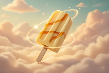 A cheese flavored popsicle on a wooden stick glowing softly with a creamy pale yellow texture swirled with caramel or honey veins