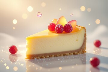A slice of cheesecake in a surreal dreamlike setting with a smooth creamy texture that glows softly in golden light