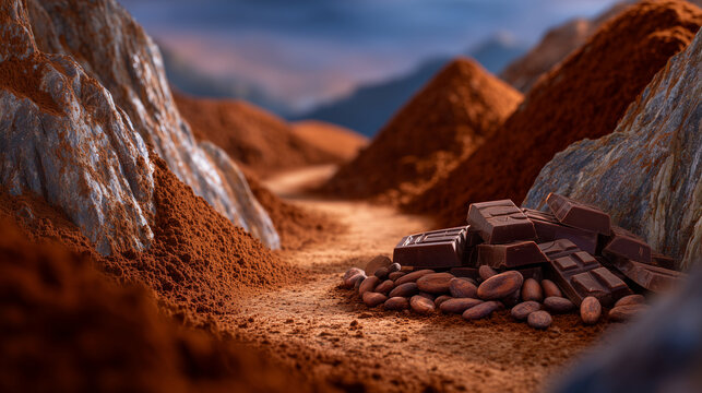 A rich and immersive cacao landscape, where mounds of cocoa powder resemble dunes, beans form pathways, and chocolate blocks appear like miniature structures, photographed with dra