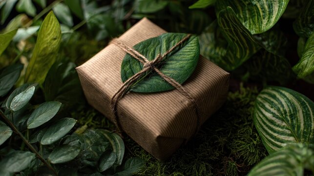 ecofriendly gift wrapped in natural paper tied with string and a fresh green leaf nestled in lush foliage perfect for sustainable branding