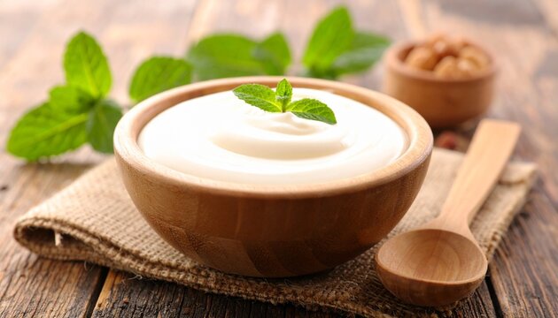 Rustic wooden bowl of creamy condiment with mint sprig on burlap-covered table - Powered by Adobe