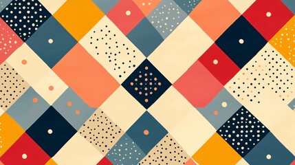 This is a vibrant seamless background featuring an abstract geometrical design in a retro style with bold colors and dot patterns. Perfect for adding a cheerful feel to any project.