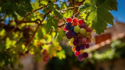 Obraz premium A lively bunch of colorful grapes dangles from a vine in a sunny Mallorca vineyard highlighting local natural beauty and winemaking heritage