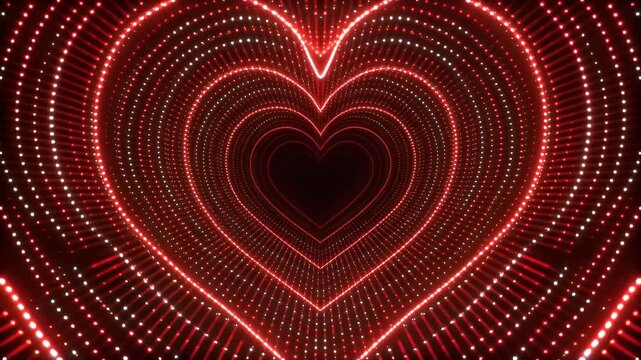 A captivating digital tunnel formed by an infinite sequence of glowing red and white heart outlines, creating an abstract and romantic visual.
