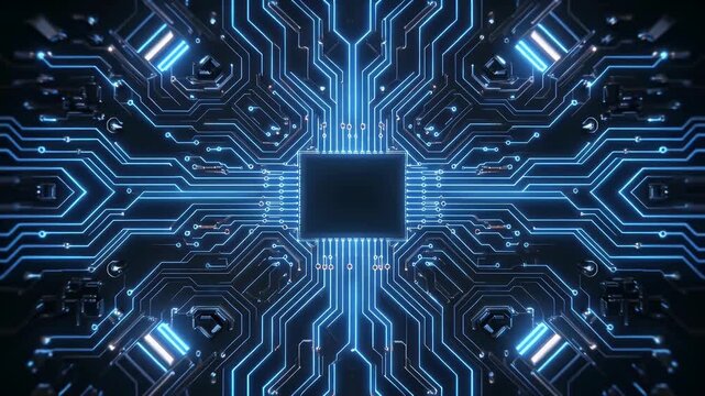 A futuristic glowing blue circuit board with a central dark processing chip represents advanced technology and digital innovation.