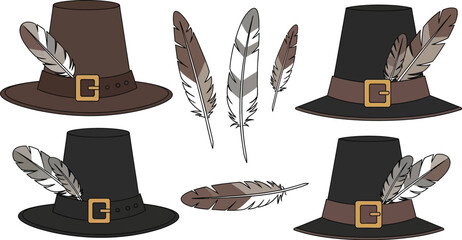 Pilgrim hats with feathers for thanksgiving day