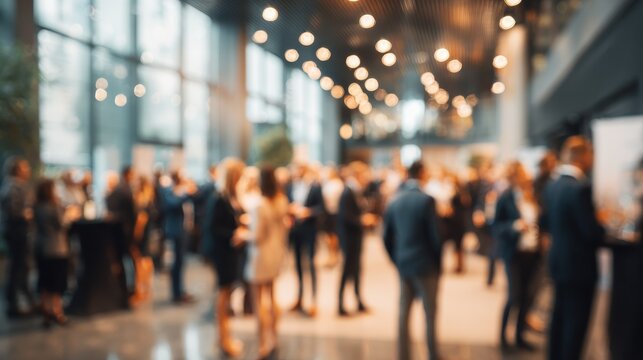 blurred shot of business people at party or corporate event in office center