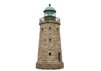 Isolated historical lighthouse structure with green rooftop on a cloudy bright day outside