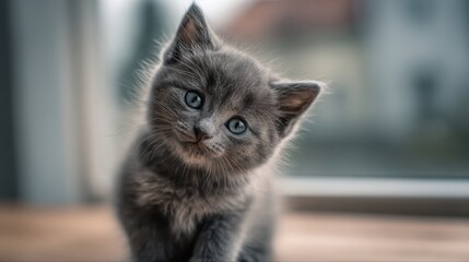 Curious Grey Kitten Tilting Its Head While Sitting by a Window in a Cozy Room During Daylight