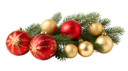 Arrangement of red and gold ornaments with spruce branch isolated on white background