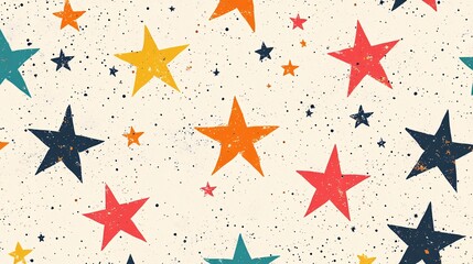 Obraz premium Vibrant seamless pattern showcasing an array of colorful stars in shades of yellow, orange, red, teal and dark blue against a speckled cream background. The style is playful and hand-drawn.