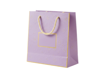 Isolated lilac gift bag with rope handles and botanical pattern for retail display