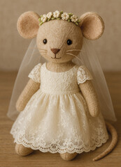 Stoffmaus im Brautkleid aus Spitze mit Schleier und Blumenkranz. Liebevoll gestaltete Figur mit feinen Details &ndash; Symbol f&uuml;r Hochzeit, Romantik und Handarbeit.