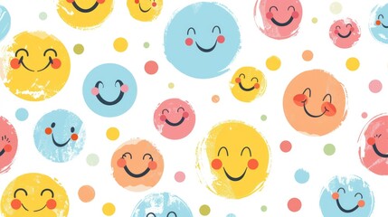 Cute hand drawn smiley faces pattern with colorful circles on white background