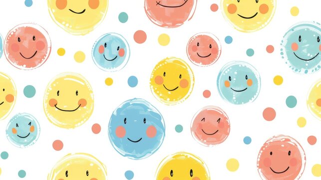 Cute hand drawn smiley faces pattern with colorful circles on white background