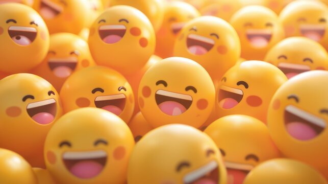 Happy yellow smiling and laughing faces with various face emotions and expressions on warm orange background