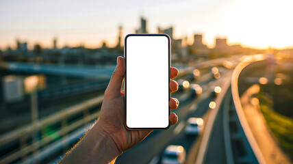 Hand holding smartphone with blank screen in front of busy highway and city skyline during sunset, symbolizing urban connectivity