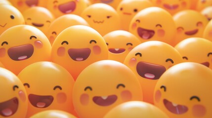 Happy yellow smiling and laughing faces with various face emotions and expressions on warm orange background