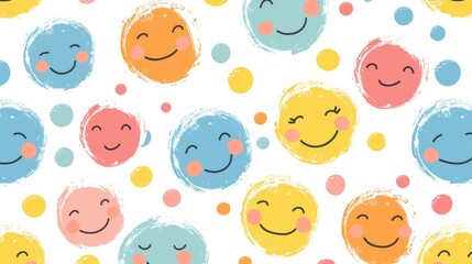 Cute hand drawn smiley faces pattern with colorful circles on white background